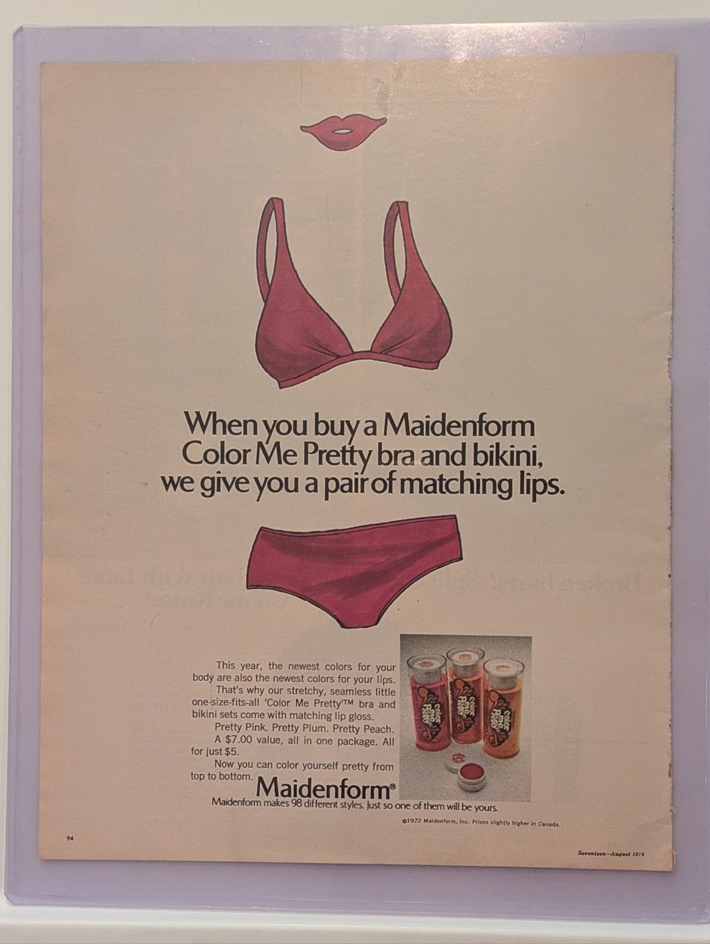 Vintage 1972 Maidenform Bra & Bikini Ad, Seventeen Magazine, Tame Shampoo, Retro